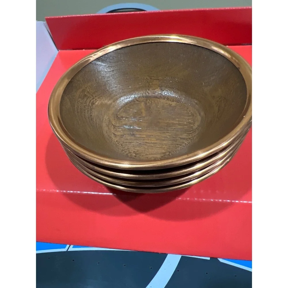 Vintage Faux Wood Grain Salad Bowls Set of 4 Copper Rim Metallic Trim Brown